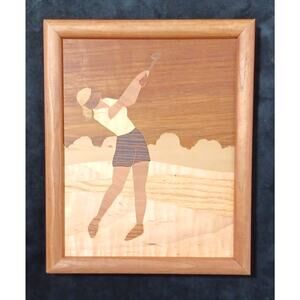 Vintage Handmade Inlaid Marquetry Wood Inlay Picture Woman Golf
